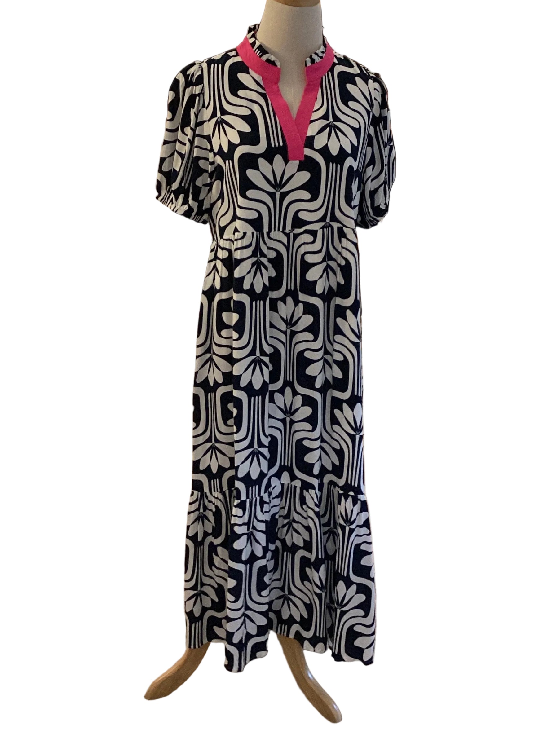 Jodifl navy & white print maxi with pink trim v neck and short puff sleeve