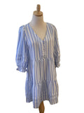 Mary Square blue stripe v neck 3/4 puff sleeve bottom ruffle dress