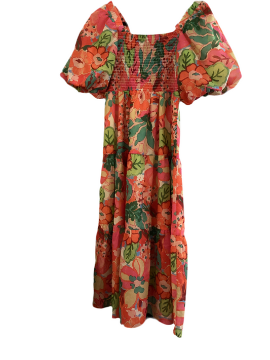 THML green orange flower smocked maxi