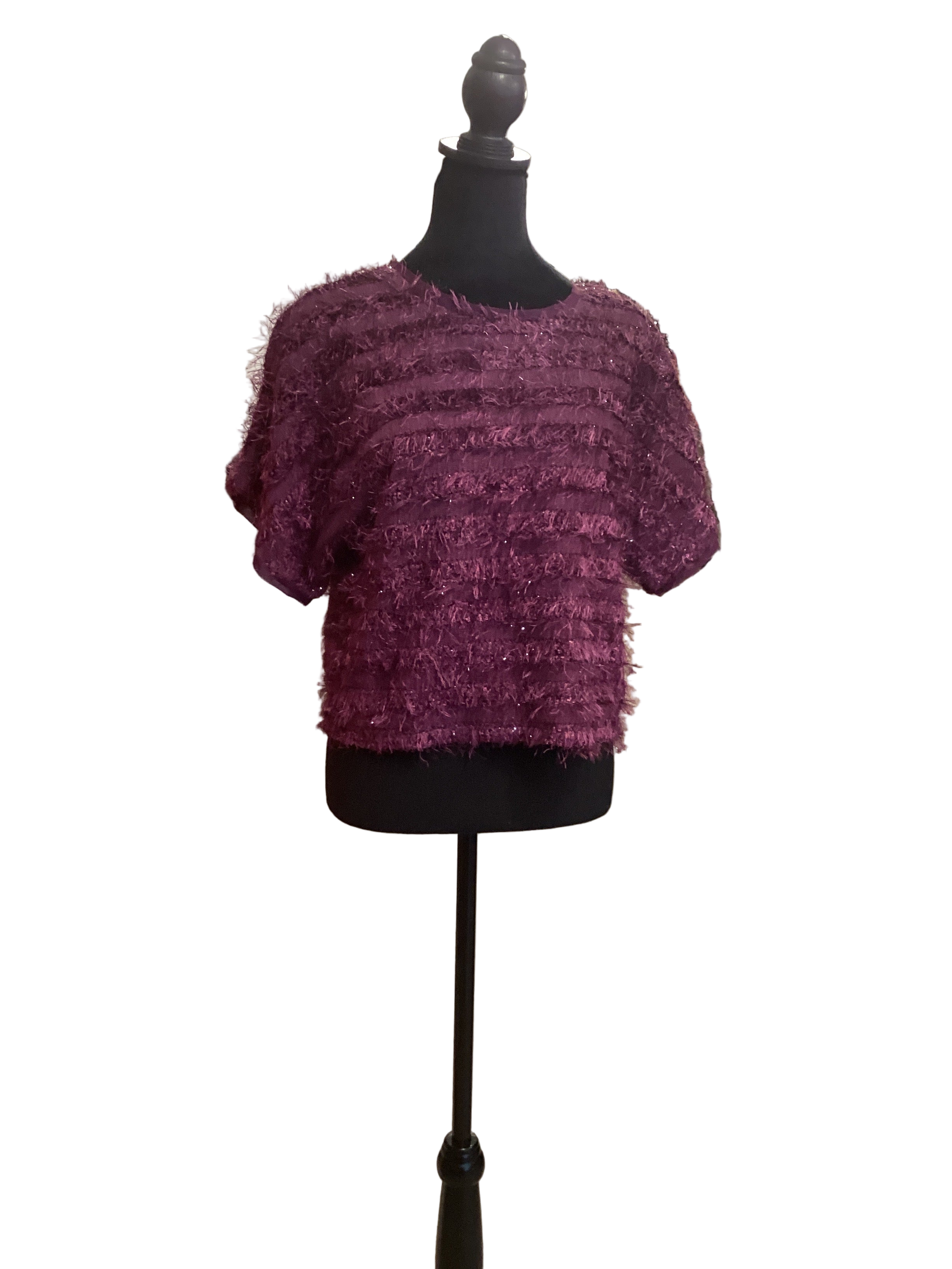 Glam purple fuzzy short sleeve sweater with silver threads