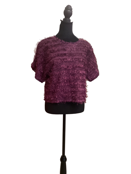 Glam purple fuzzy short sleeve sweater with silver threads