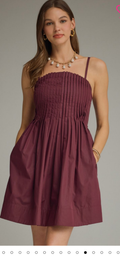 Entro Merlot spaghetti strap pleated bodice dress with elastic back