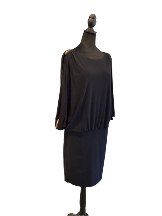 Frank Lyman black dress with gold stud shoulder and sleeve accent