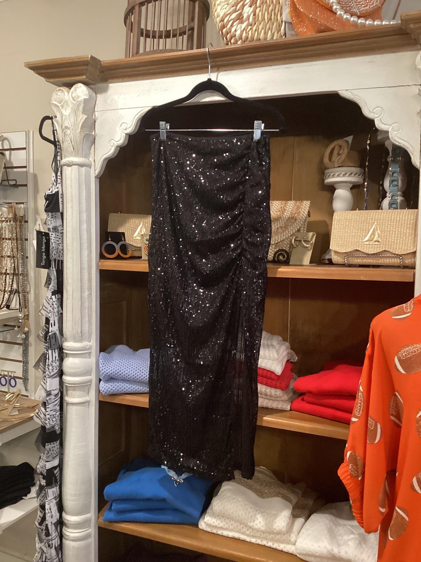 Iris black sequin midi skirt with side rushing