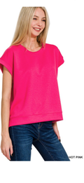 Zenana hot pink round neck cap sleeve sweater
