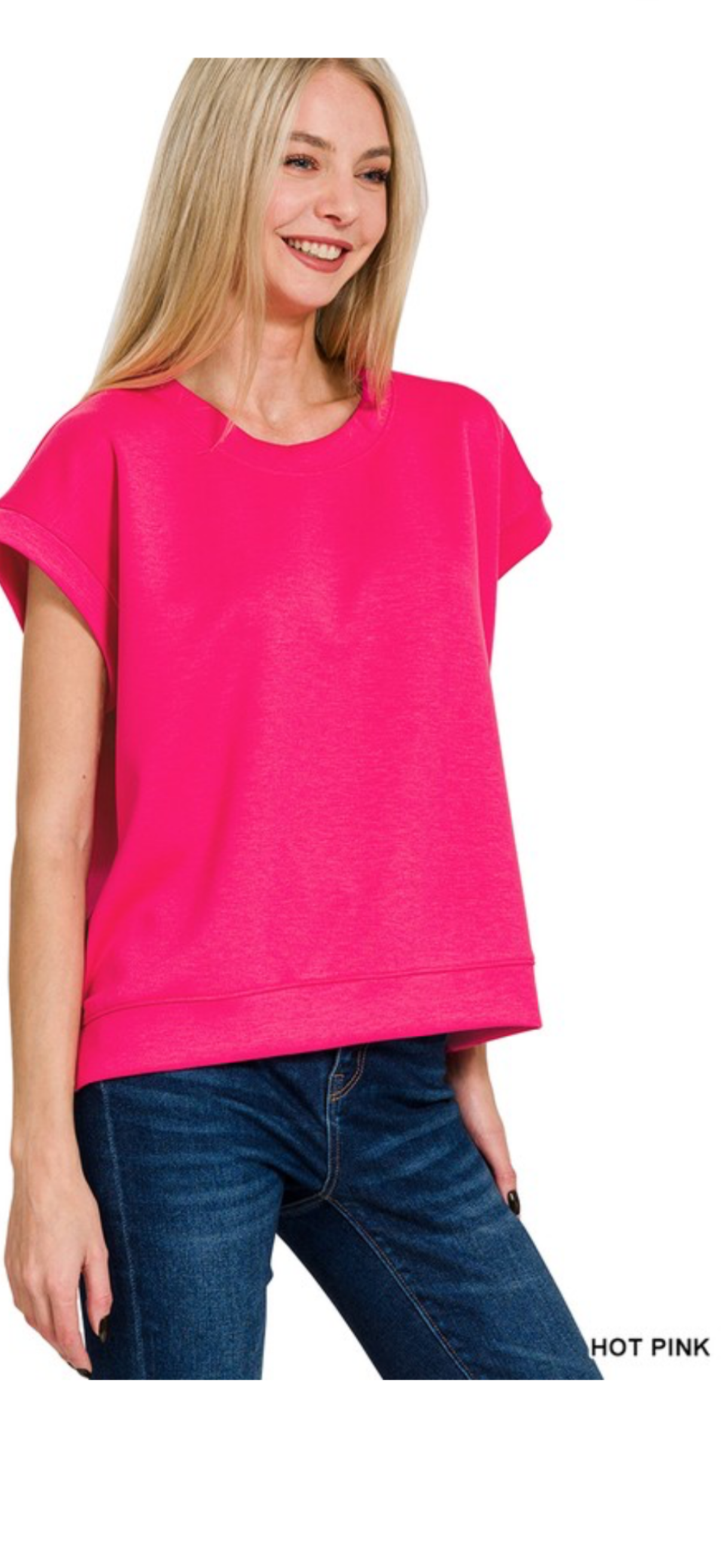 Zenana hot pink round neck cap sleeve sweater