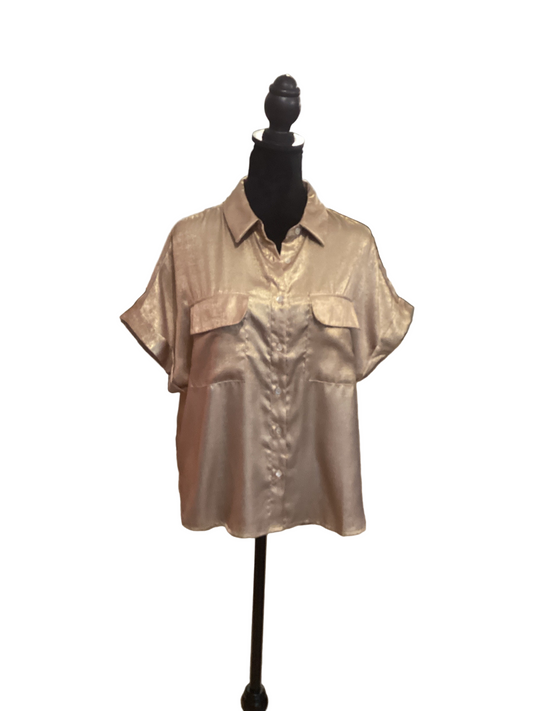 Vine & Love pocket detail dolman sleeve gold metallic button down top