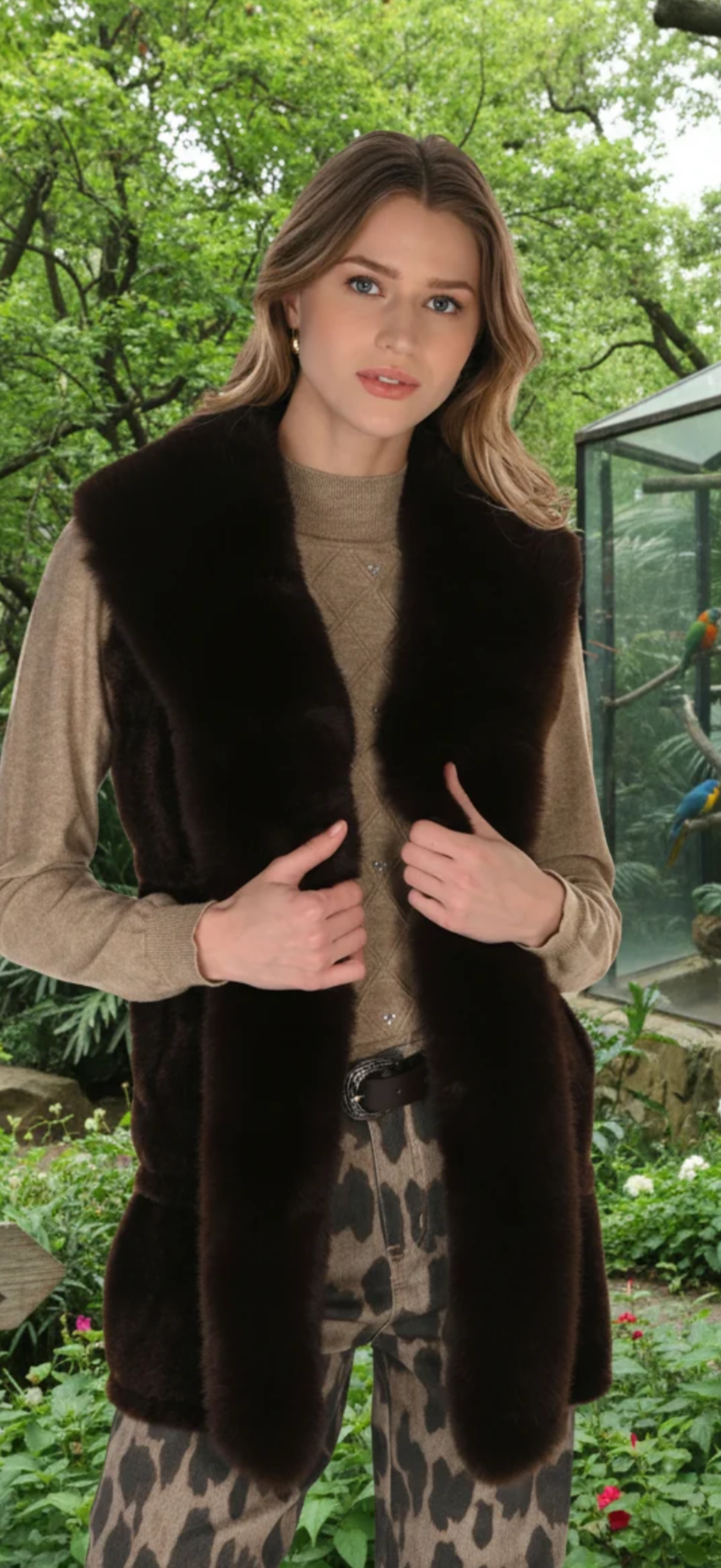 Frank Lyman brown faux fur knee length vest with shawl collar and snap front closure