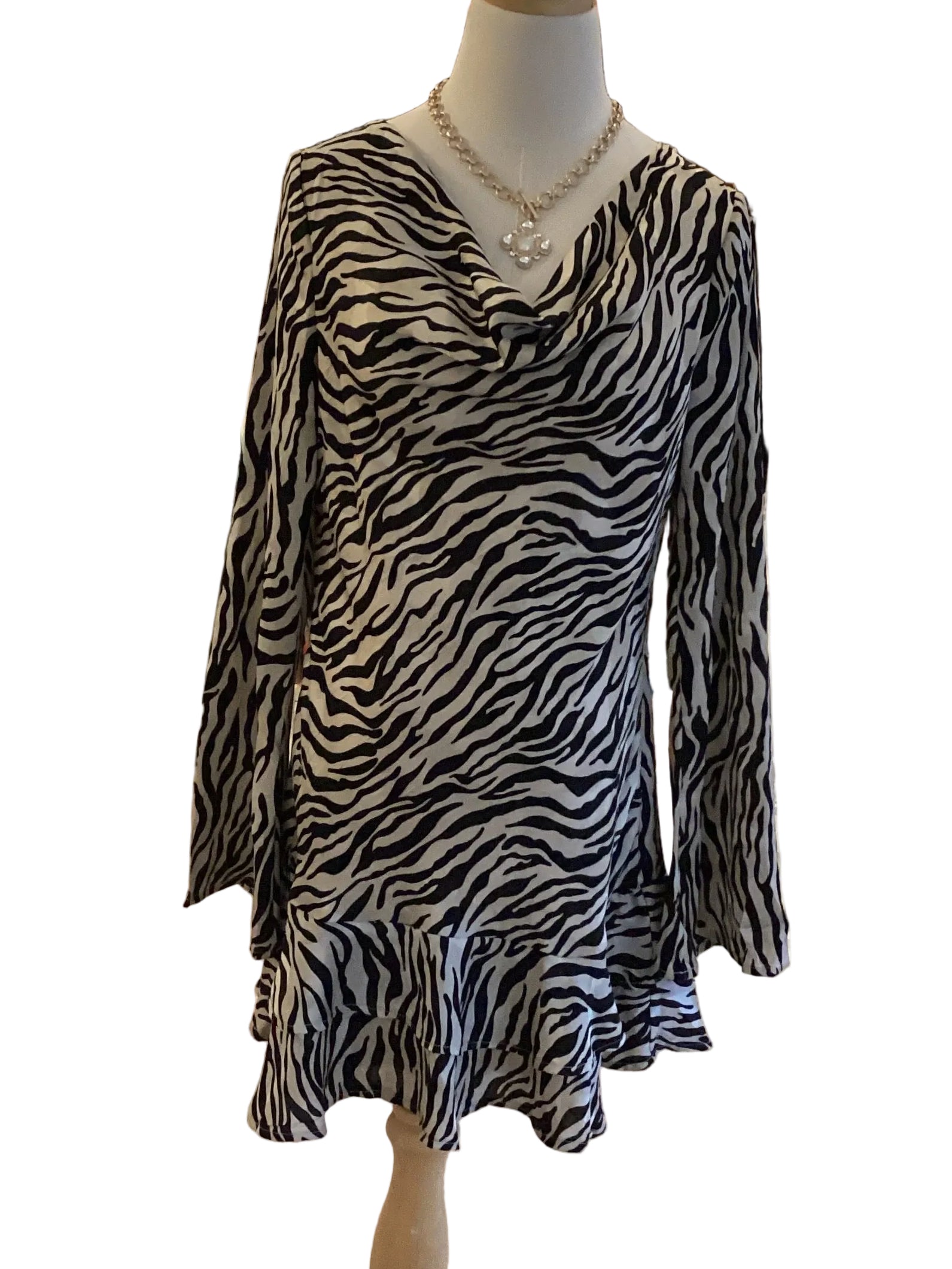 D.ark zebra print cowl neck long sleeve ruffle hem dress