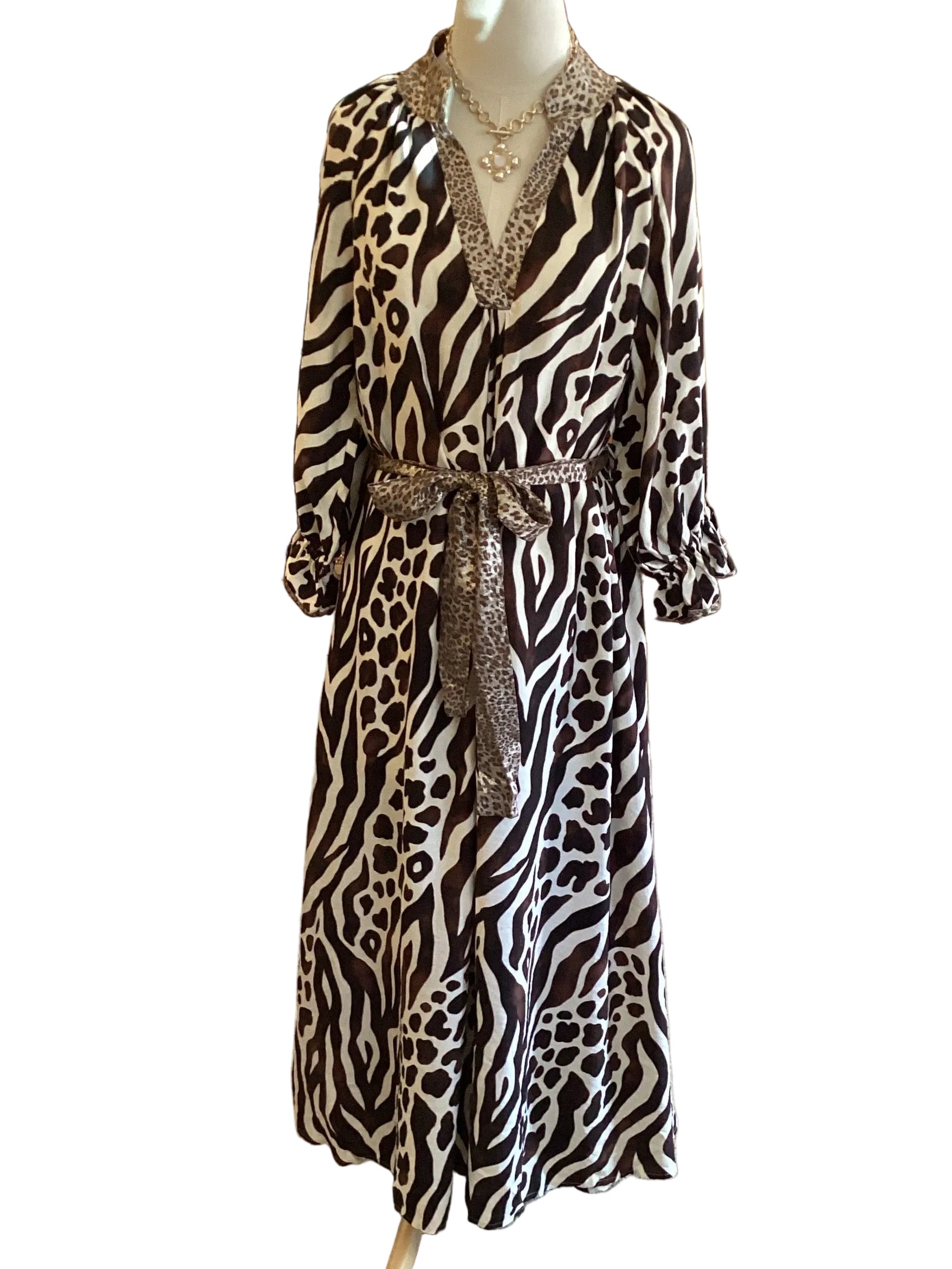 Umgee lined brown v neck animal print open collar midi dress with tie belt