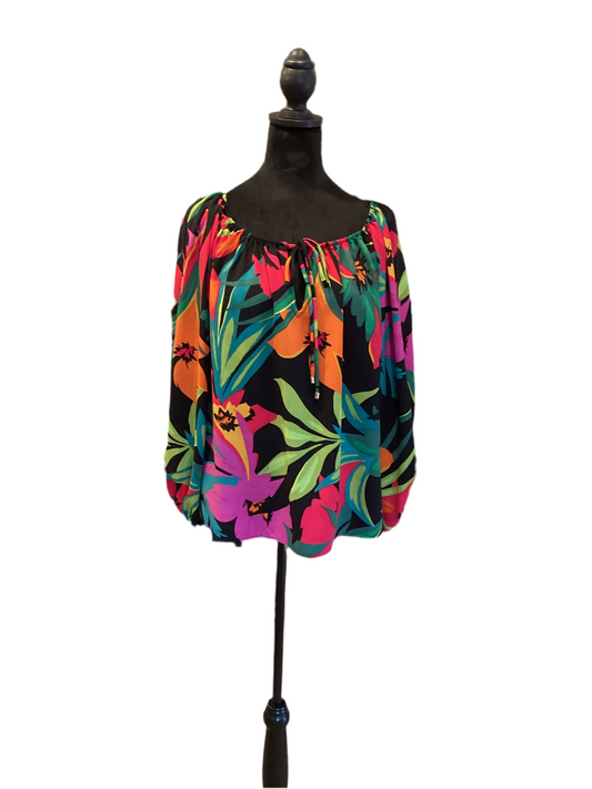 Joseph Ribkoff tropical print on or off shoulder log sleeve tunic