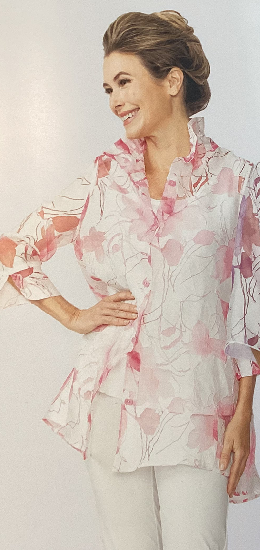 Pink sheer floral button down duster