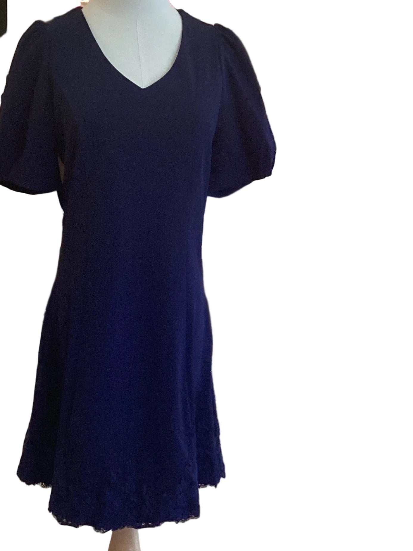 She & Sky navy short sleeve V-neck, mini dress with hem lace