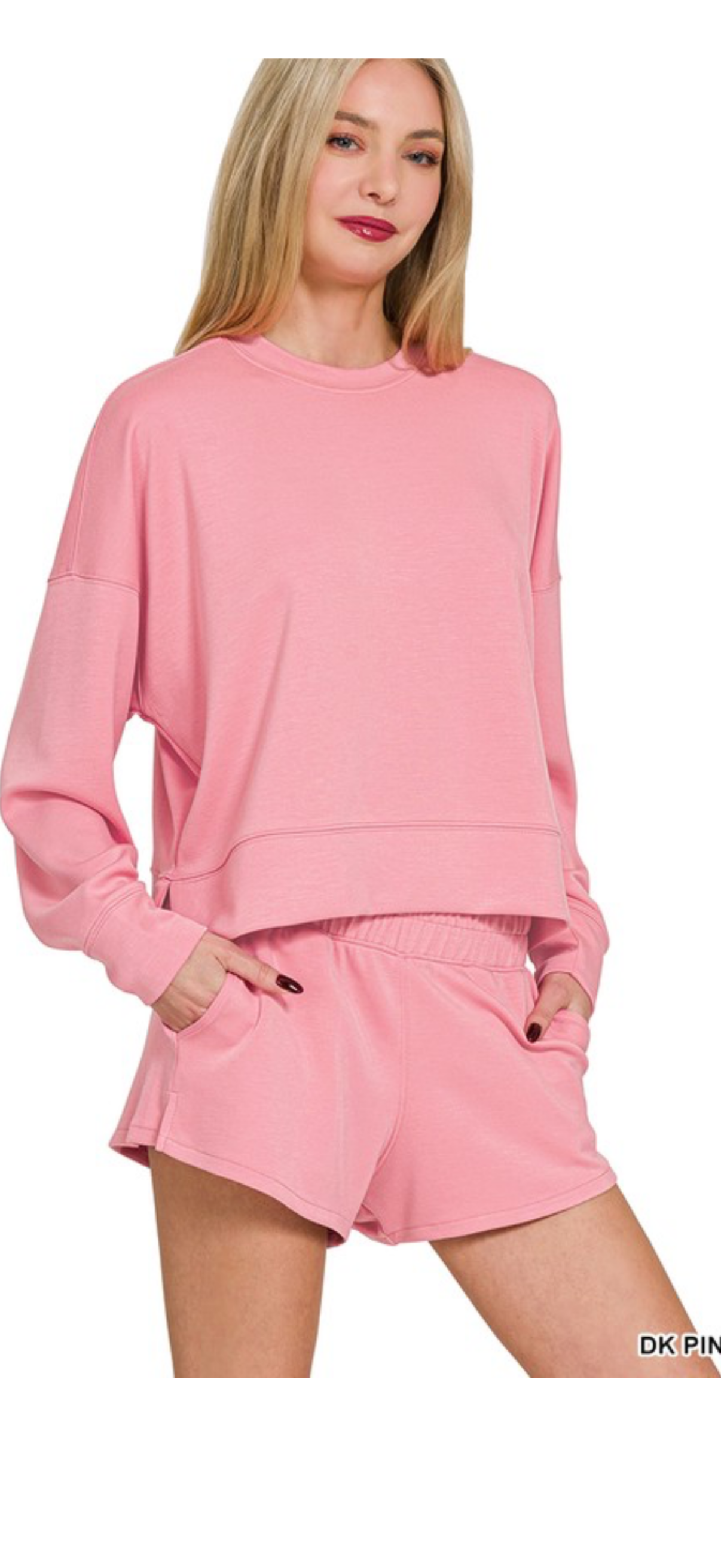 Zenana Pink Long Sleeve Scuba Short Set
