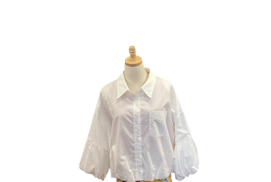Merci white button down waist length bubble sleeve top