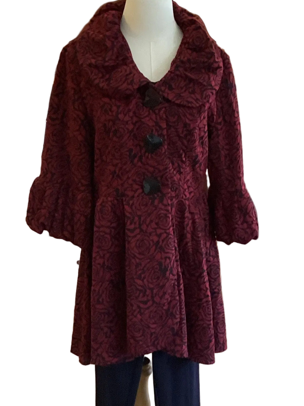 LTX burgundy floral flare skirt jacket with 3/4 puff sleeve