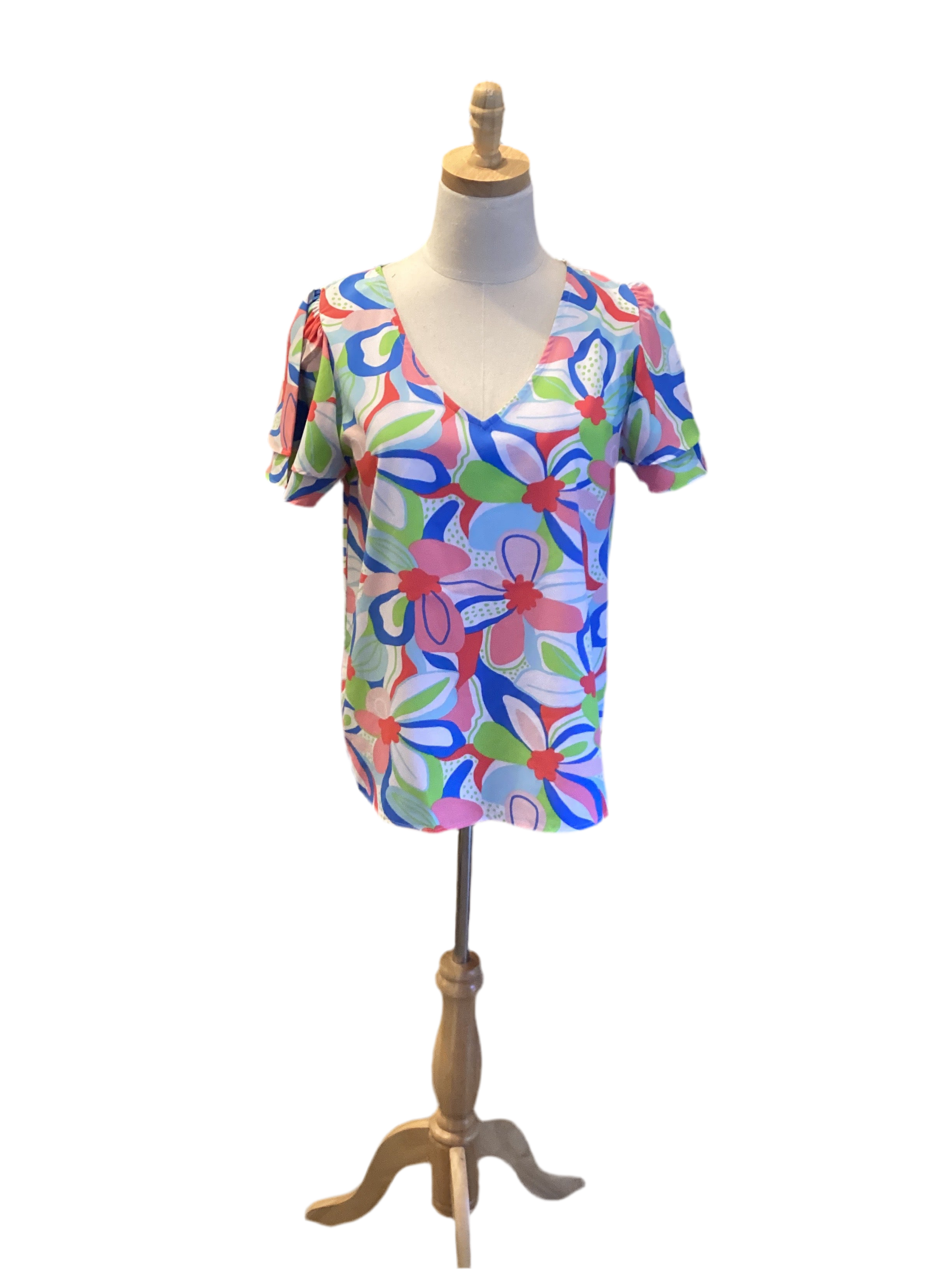 Michelle McDowell blue pink green flowered v neck ruffle sleeve top