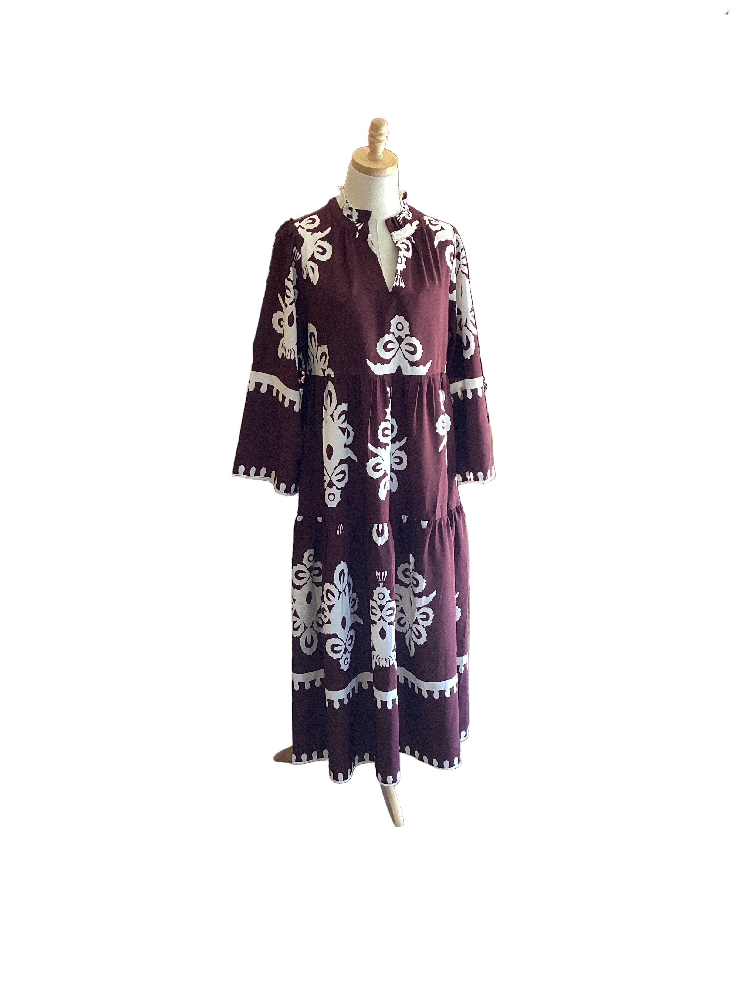 Jodifl burgundy with ivory print long sleeve maxi