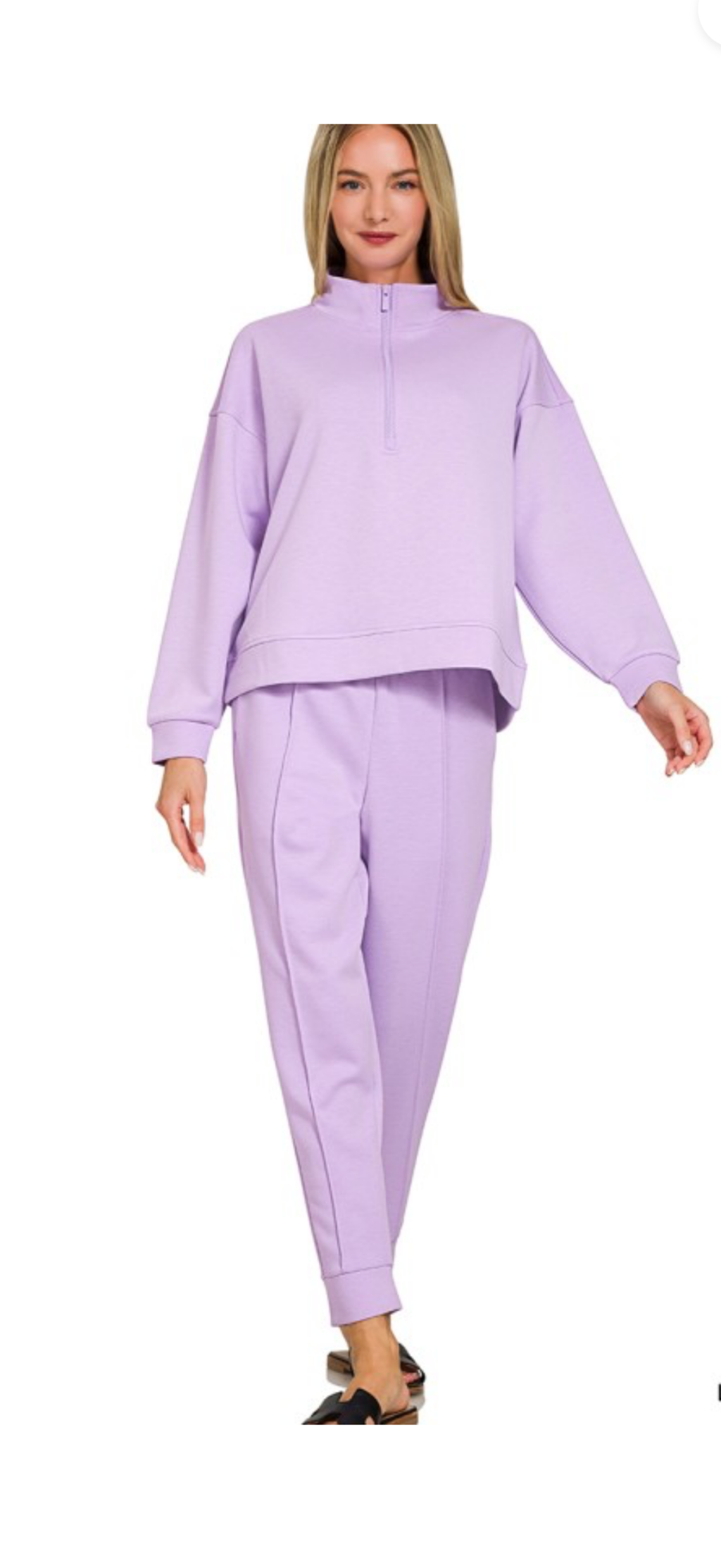 Zenana lilac cuffed pant and half zip long sleeve top