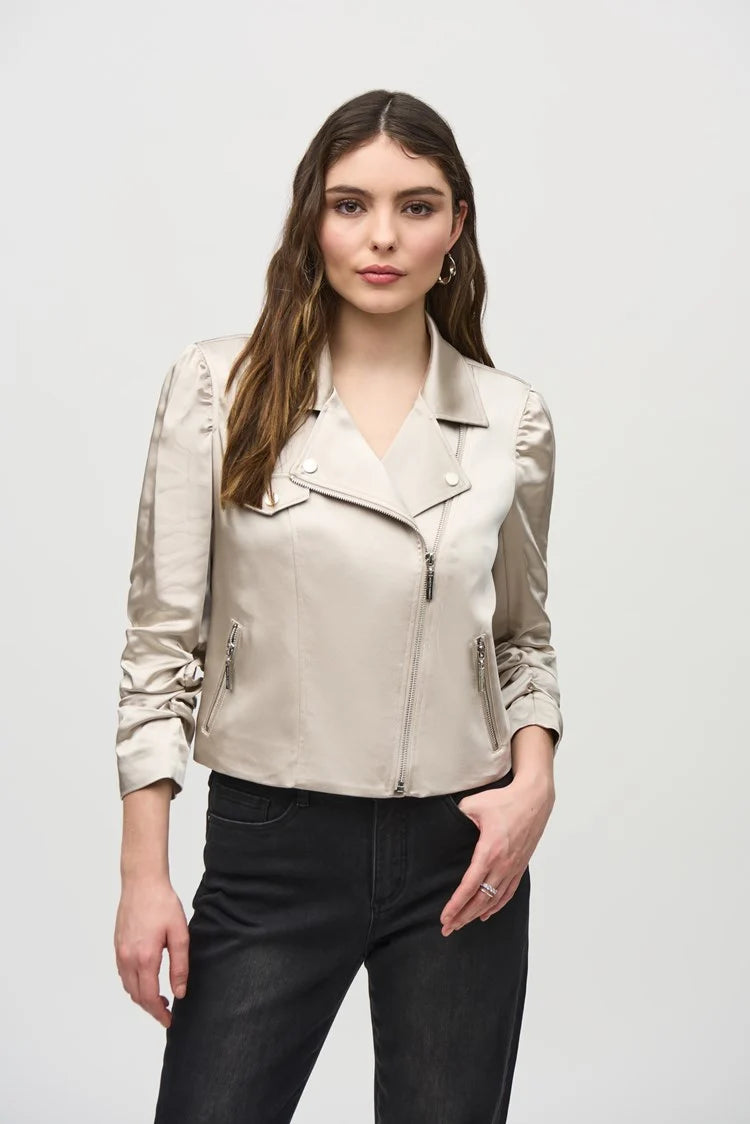 Joseph Ribkoff Satin Moto Jacket With Zippers - Champagne