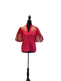 THML red puff sleeve embroidered top