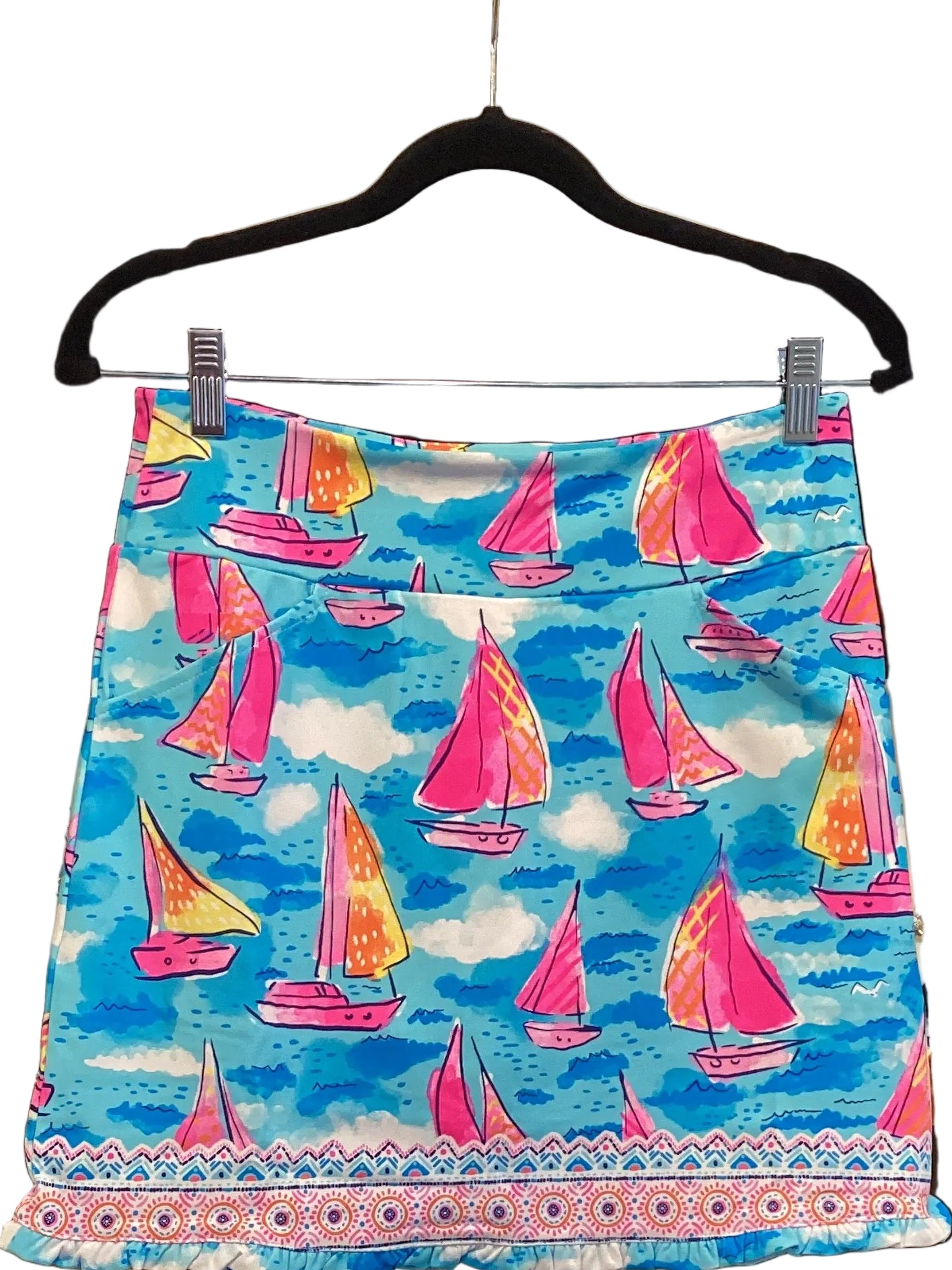 Aryeh sky blue, pink sailboat ruffle hem skort