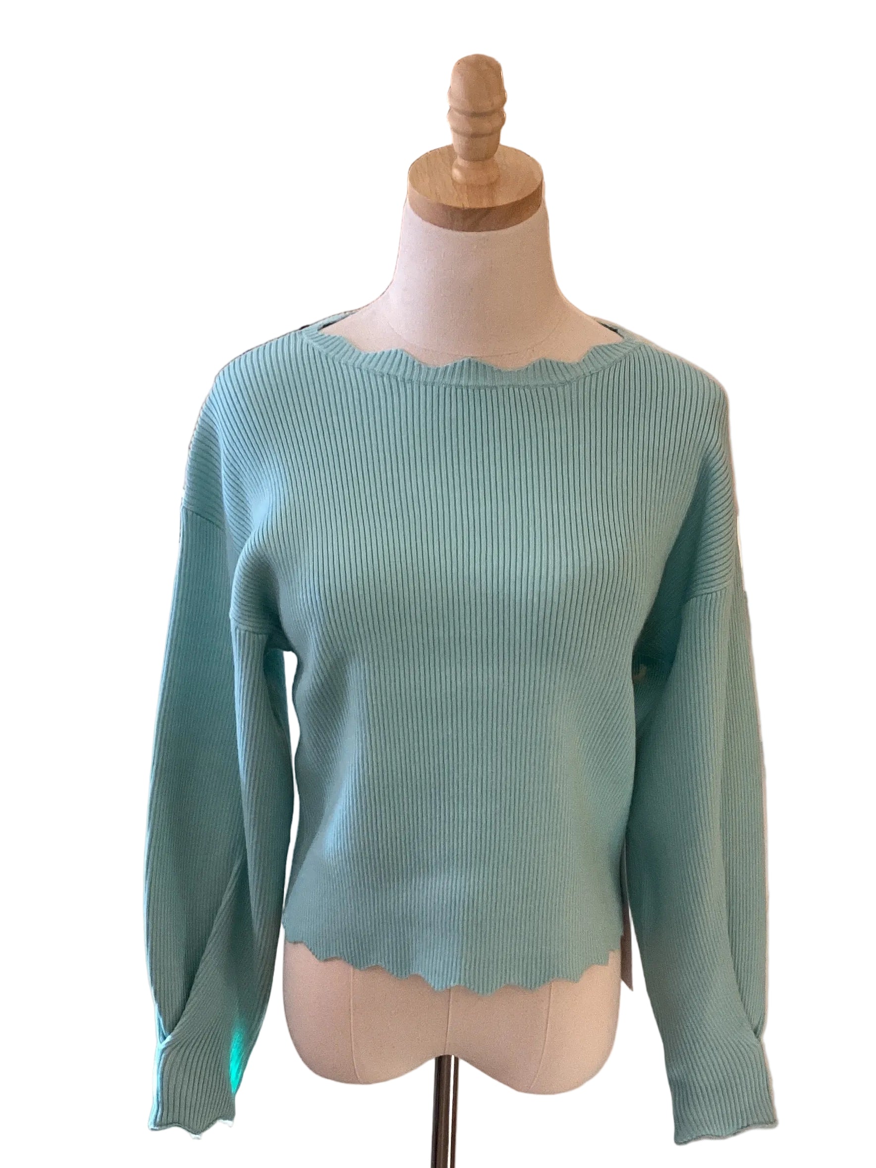 Lumiere aqua mint ribbed knit top with scalloped hemline