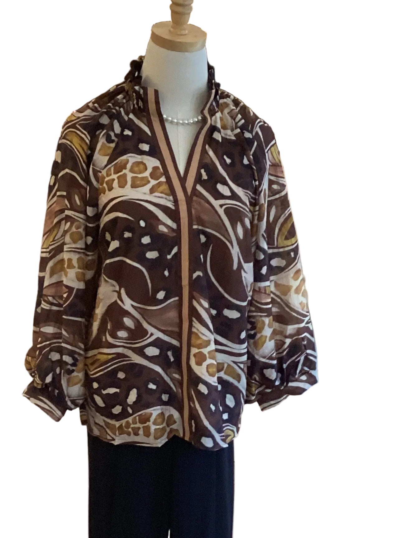 Umgee brown v neck long puff sleeve lined top with smocked collar