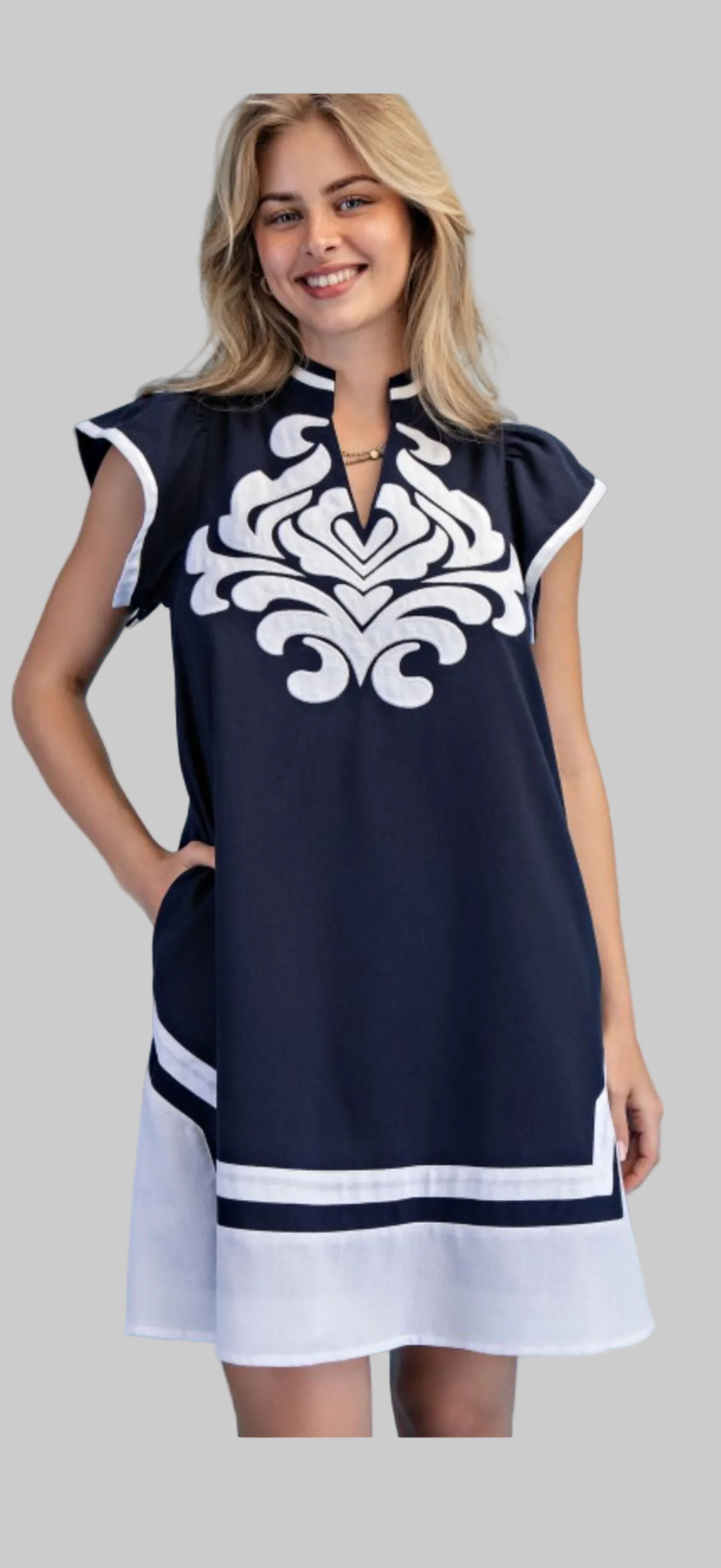 Gigio Navy & White Linen V-Neck Dress Embroidered Appliqué Summer Dress