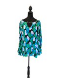 Joseph Ribkoff green teal black ruffle sleeve tunic