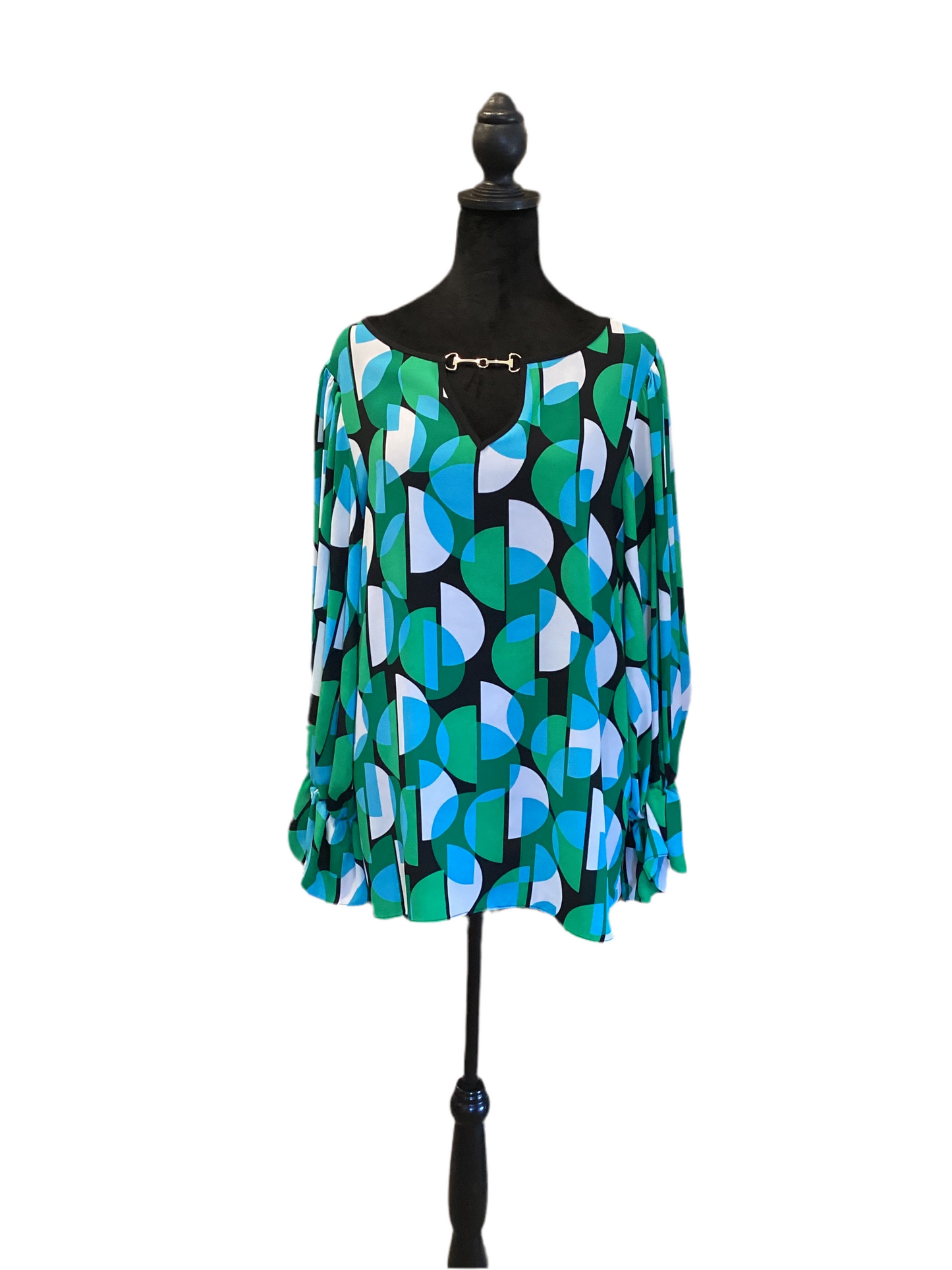 Joseph Ribkoff green teal black ruffle sleeve tunic