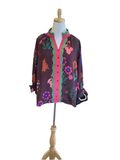Umgee red brown flower print puff sleeve top with green pink trim
