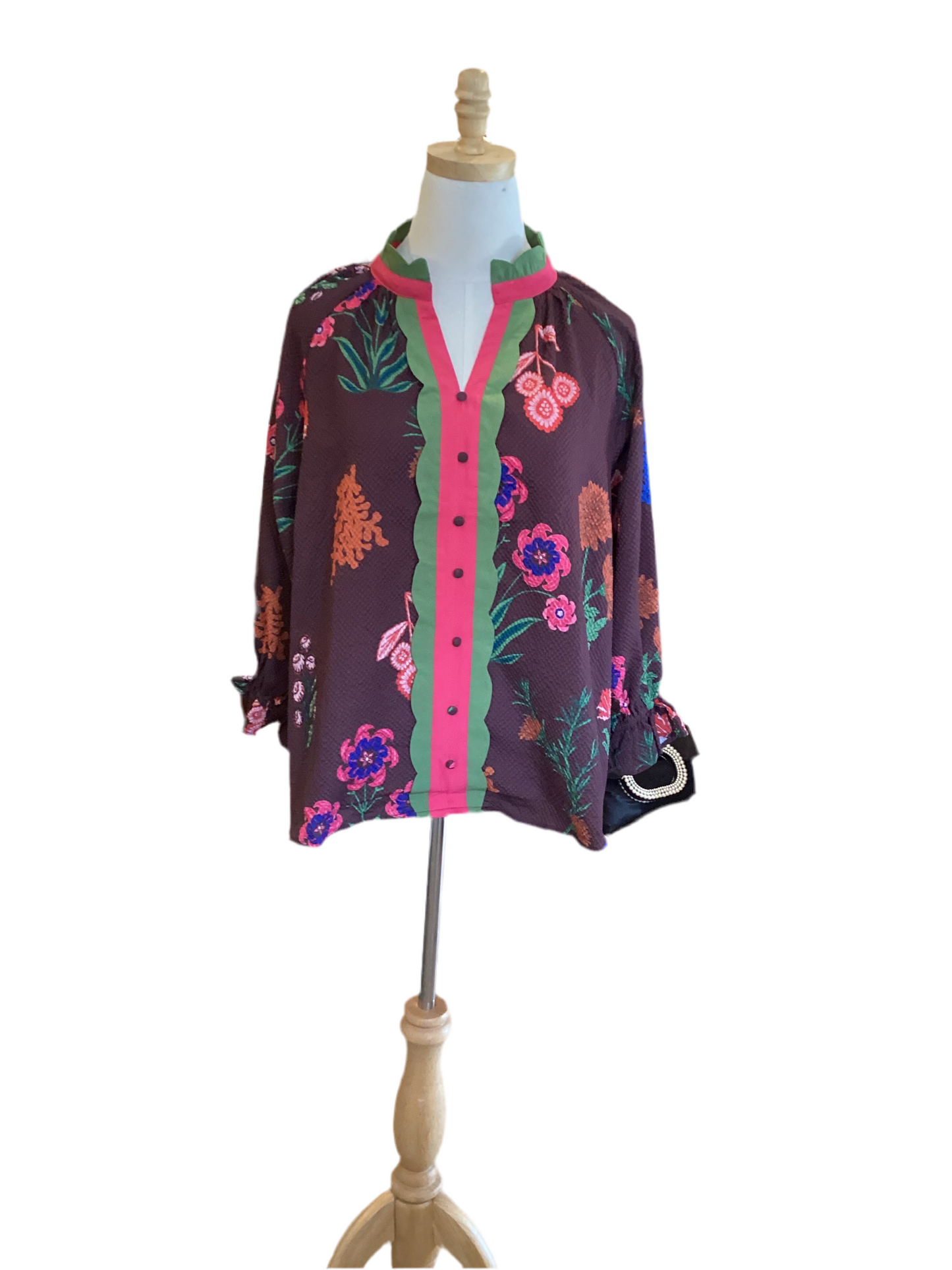 Umgee red brown flower print puff sleeve top with green pink trim