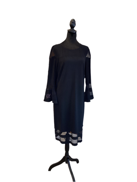 Frank Lyman black dress with sheer shoulder,chest,hem,bell sleeve accent