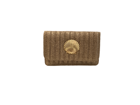 Gold woven clutch with shoulder strap and gold shell accent