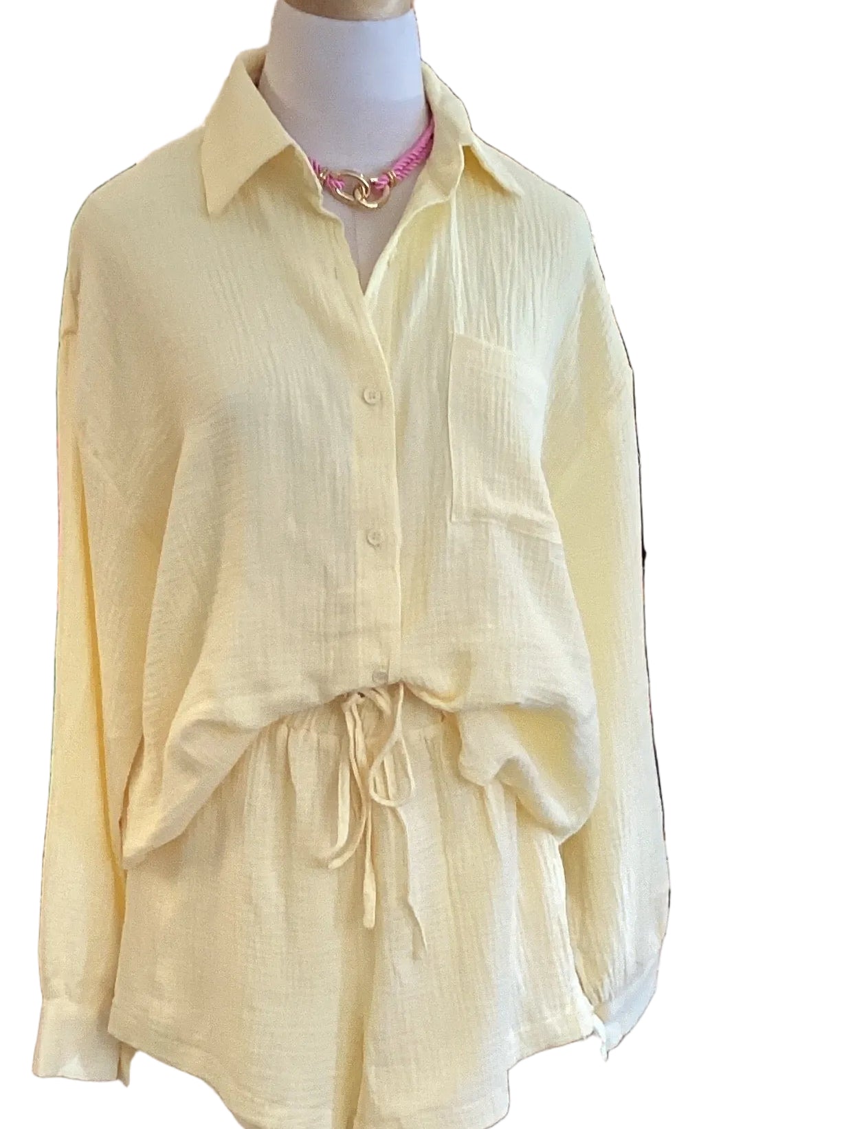 Urban Daizy yellow cotton short set with button down long sleeve shirt