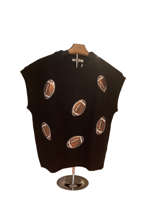 Sewn + Seen black cap sleeve sweater with footballs accent