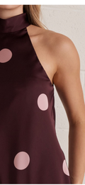 Entro chocolate high neck sleeveless top with pink polka dots and asymmetrical lace hem