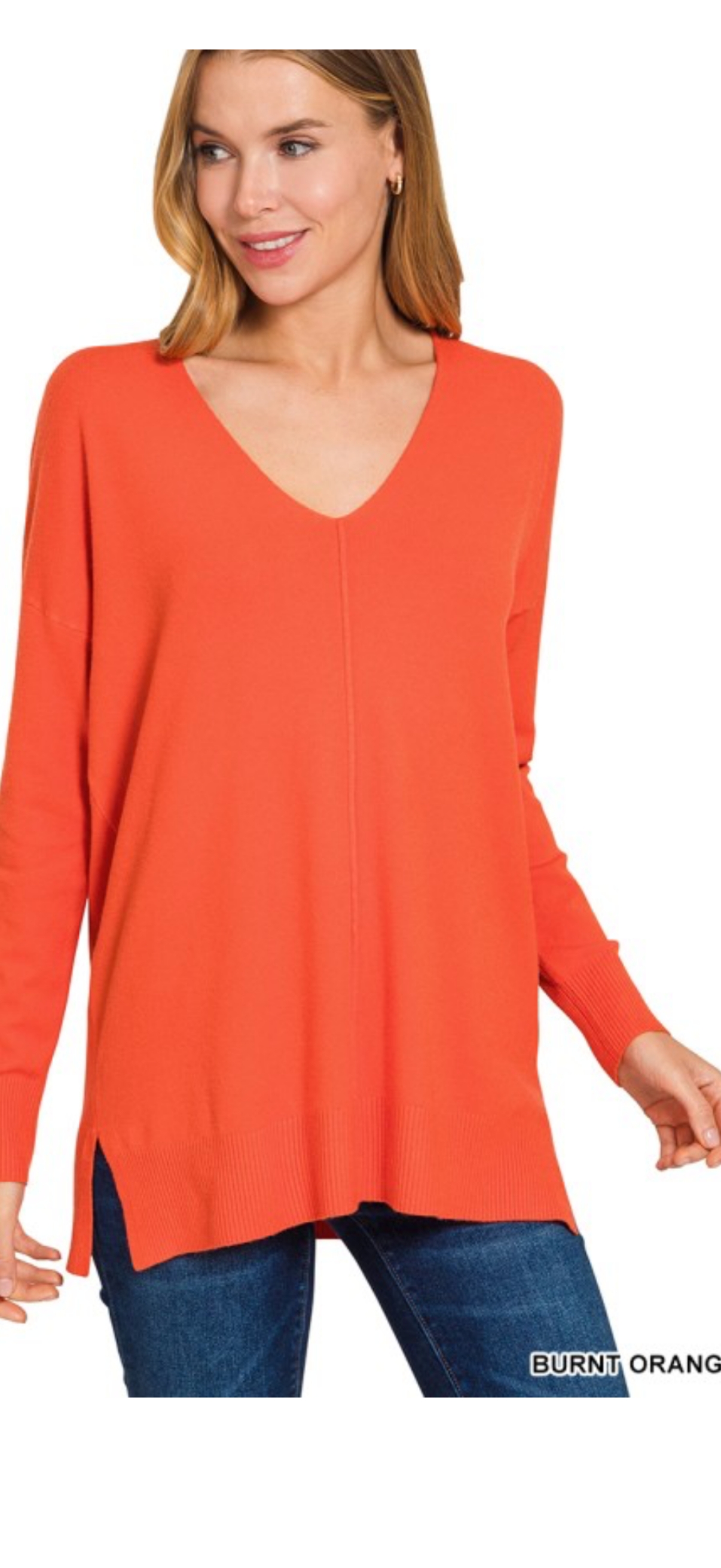 Zenana Burnt Orange V-Neck Long Sleeve Tunic Sweater