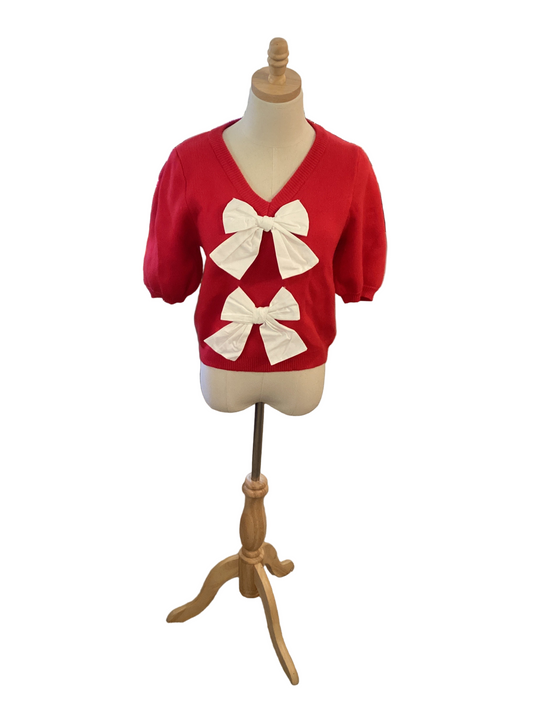 She + Sky red short sleeve sweat top with white bows