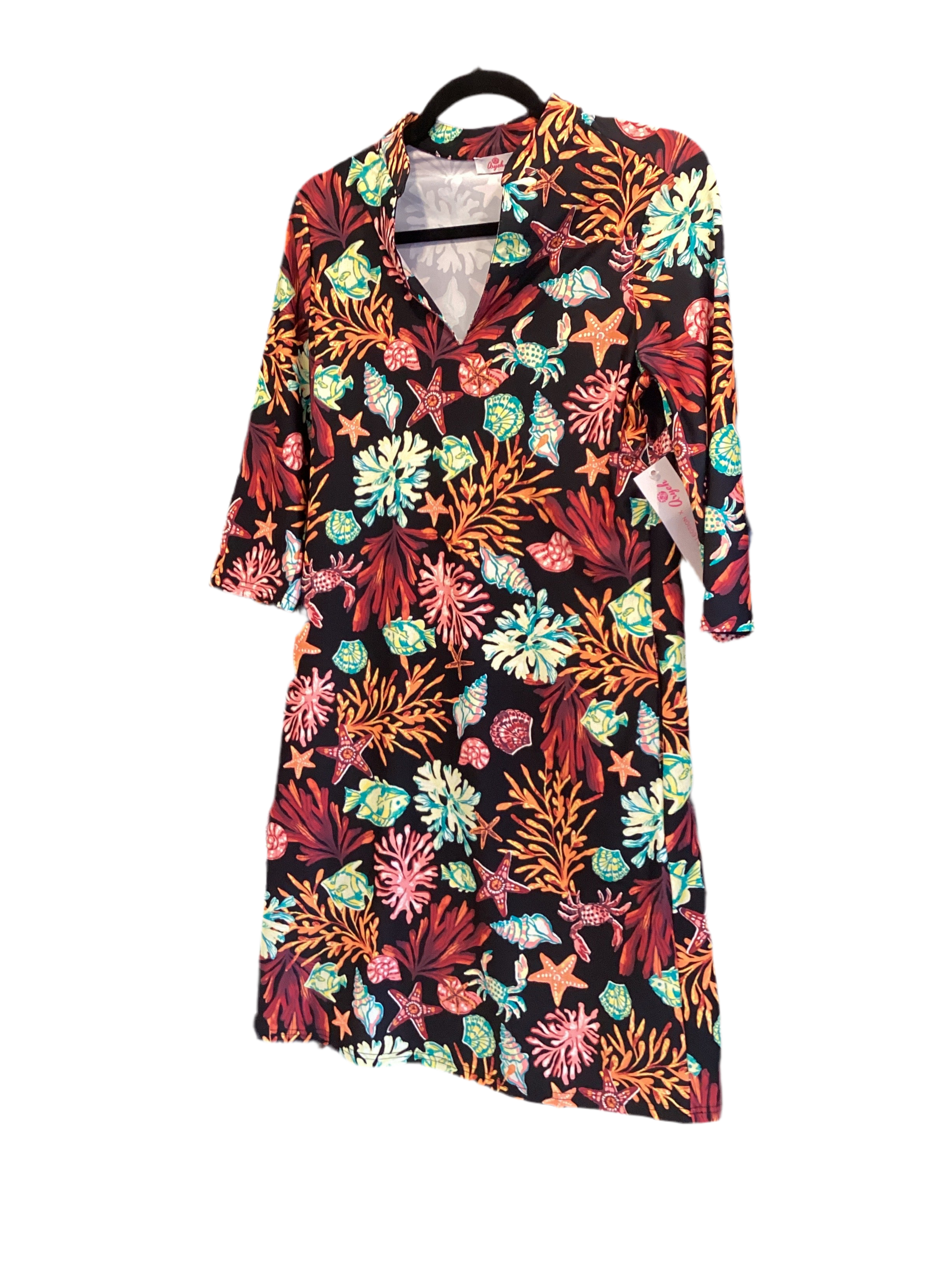 Aryeh brown orange shell print 3/4 sleeve dress