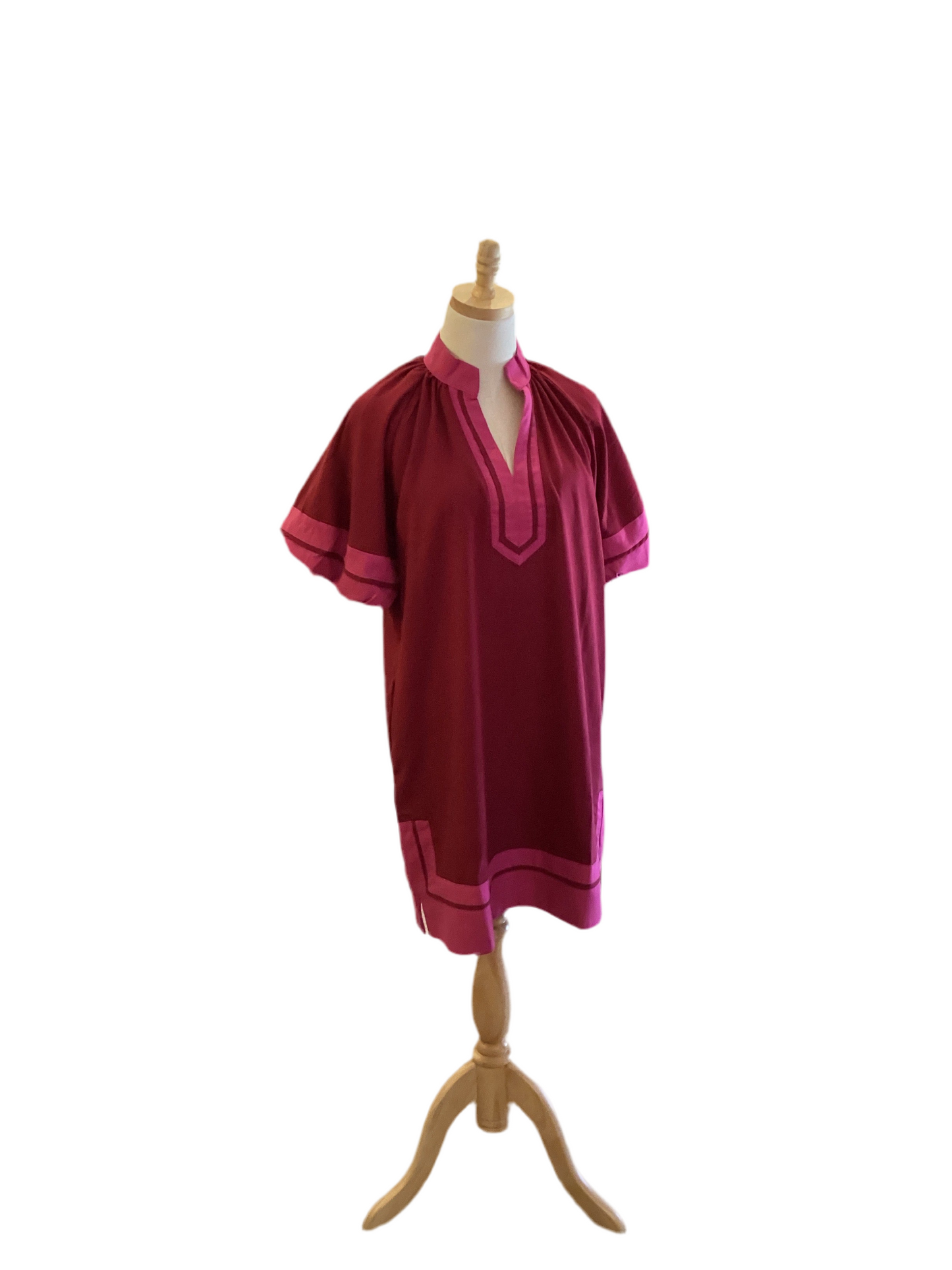 Style U burgundy / pink color block dress with puff sleeve