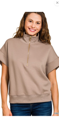Zenana cocoa short sleeve mock turtleneck 3/4 gold zip front