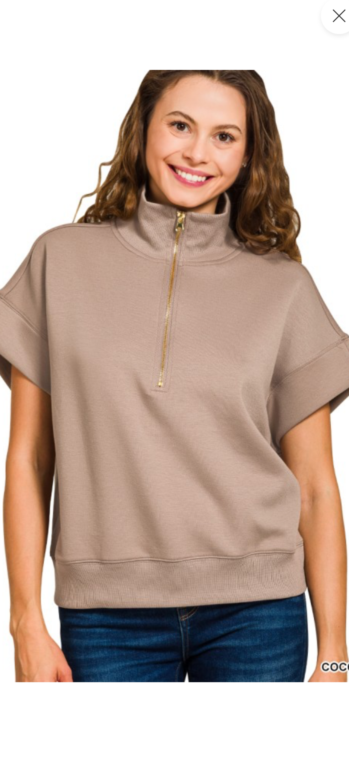 Zenana cocoa short sleeve mock turtleneck 3/4 gold zip front