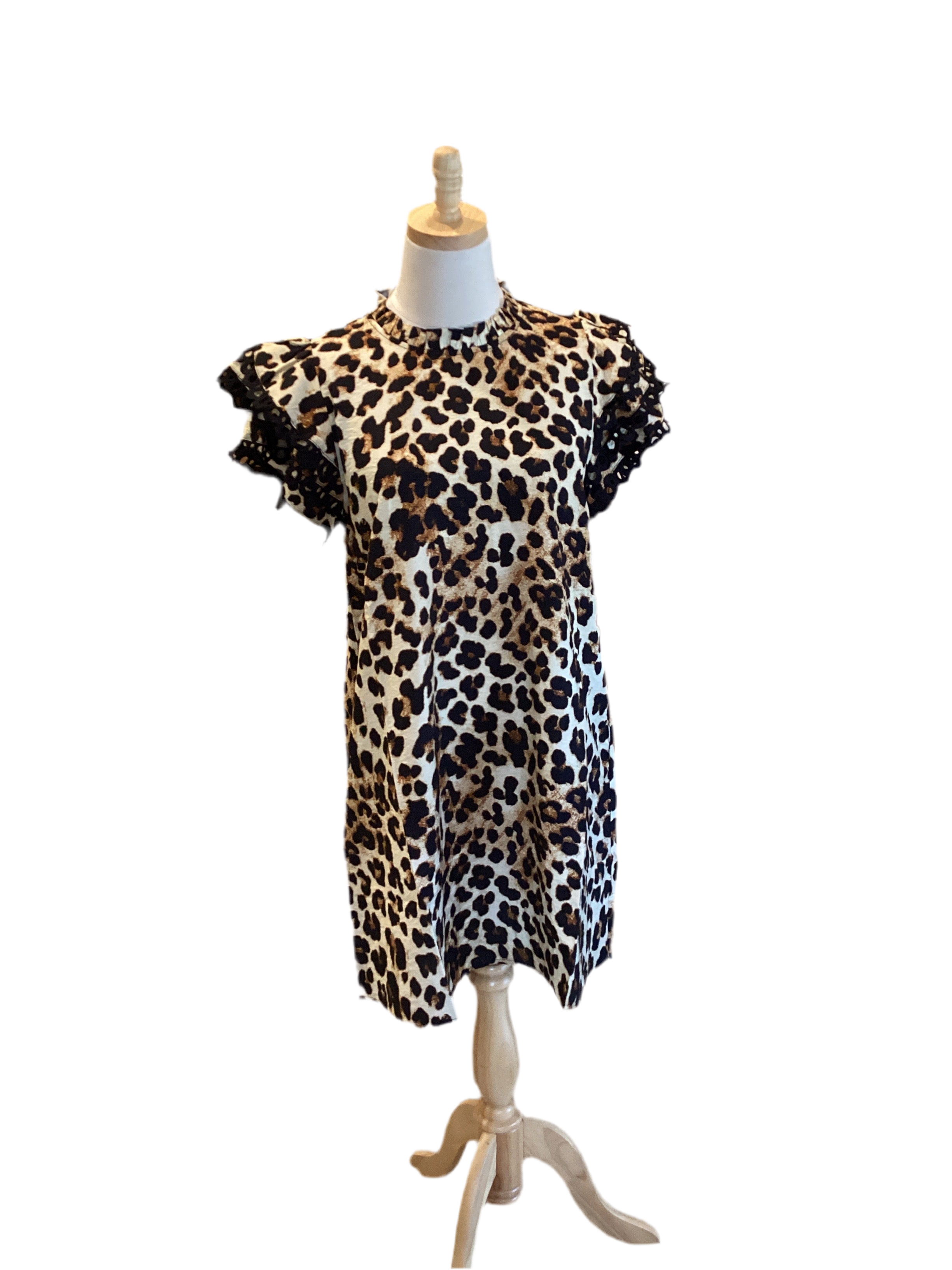Jodifl leopard print dress with ruffle collar and sleeve