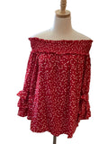 Vine & Love red off shoulder blouse with white hearts, long ruffle sleeve