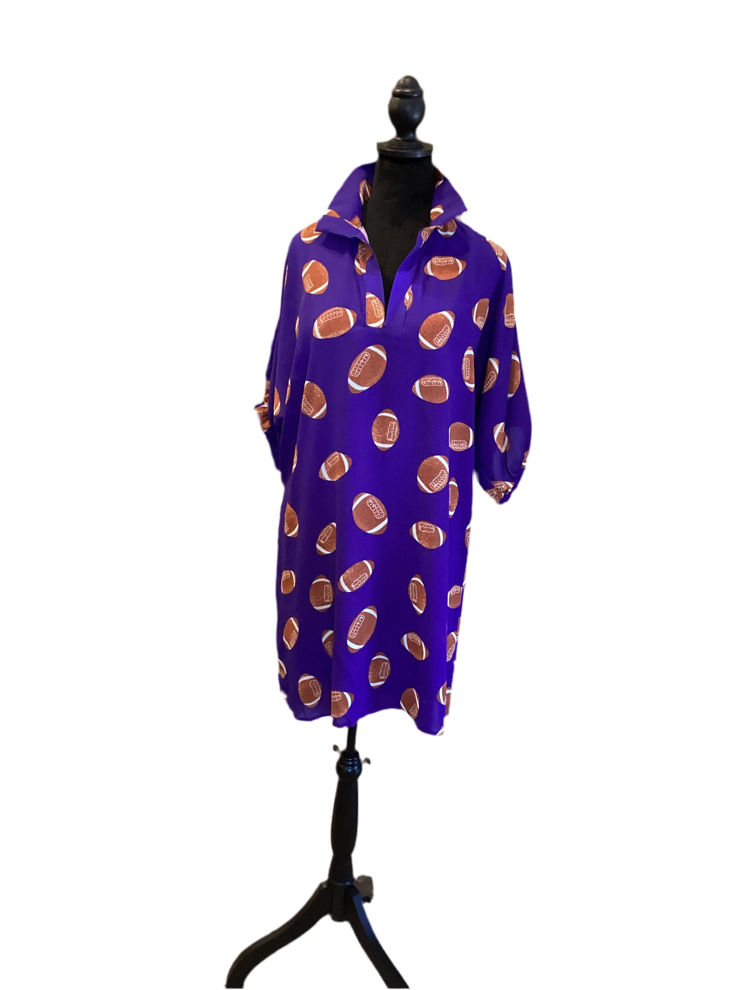 Adrienne stand up collar drop shoulder purple football print dress