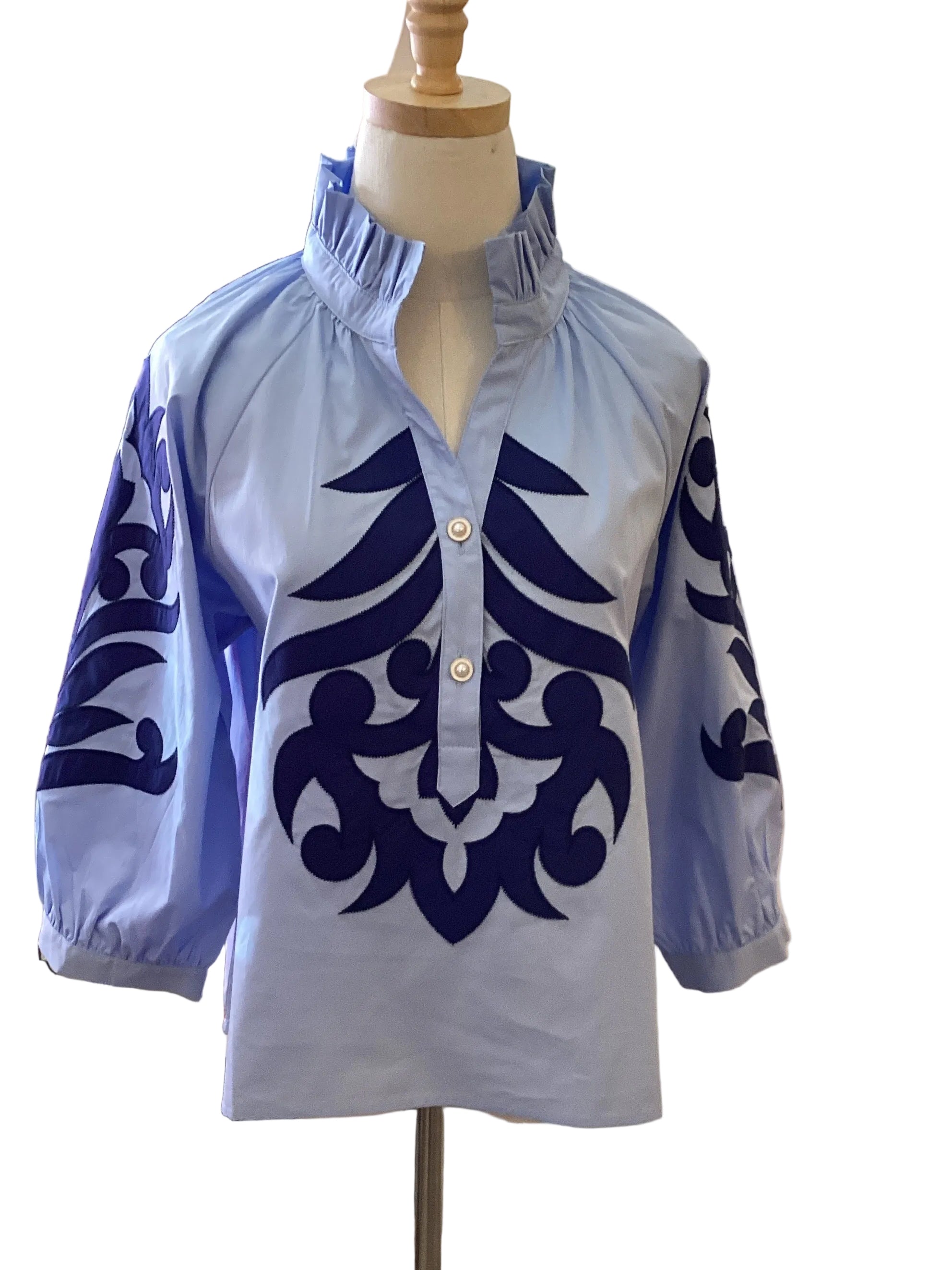 Jodifl blue cotton 3/4 pearl button front, ruffle collar, 3/4 puff sleeve with navy front, back, sleeve applicay.