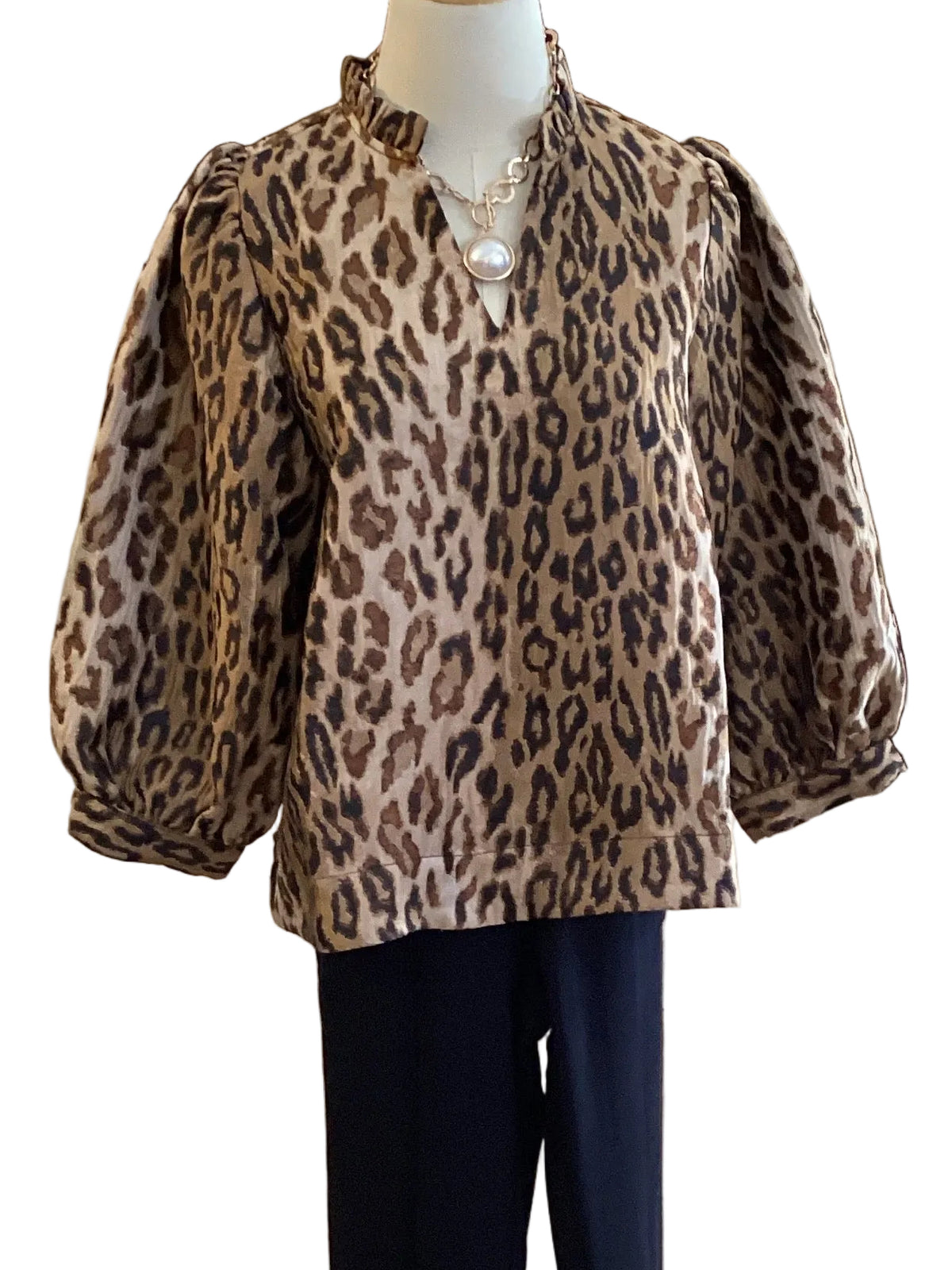 Jodifl leopard print ruffle v neck puff sleeve top