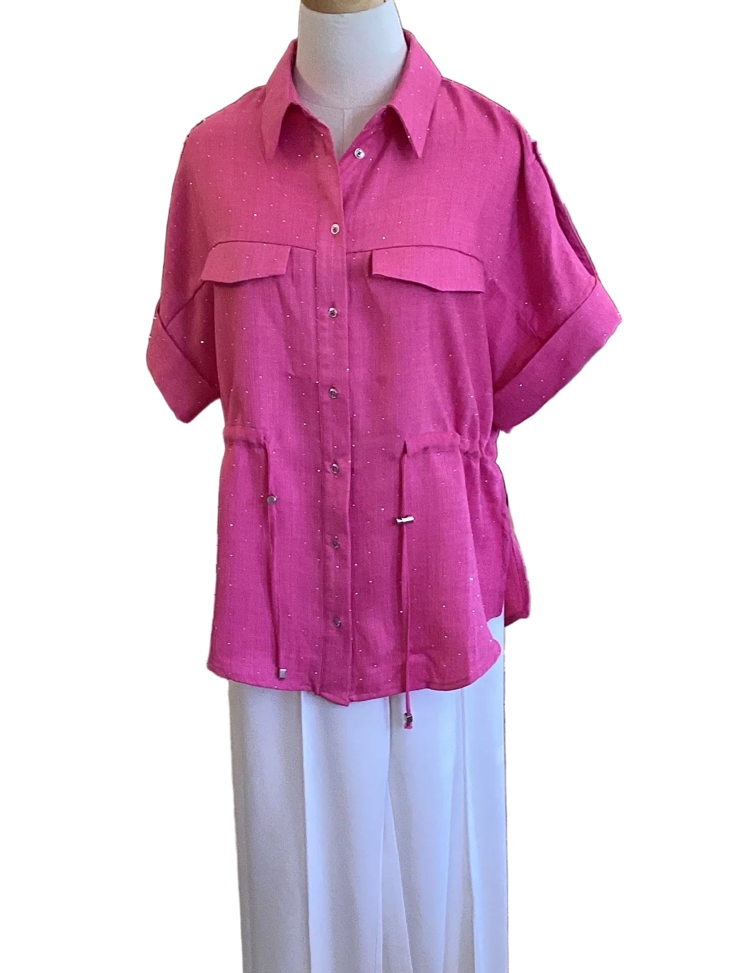 Spin hot pink short sleeve top with cinched waist